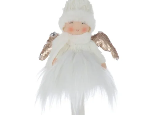 Wit Murnand woonaccessoire met zachte bontlook, glinsterende vleugels en winterse muts, 100% polyester