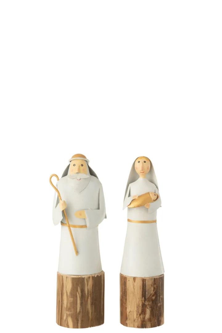 Beeld Brudone set van 2: meerkleurige metalen figuren op houten sokkel, 31 cm hoog, sfeervol en karaktervol
