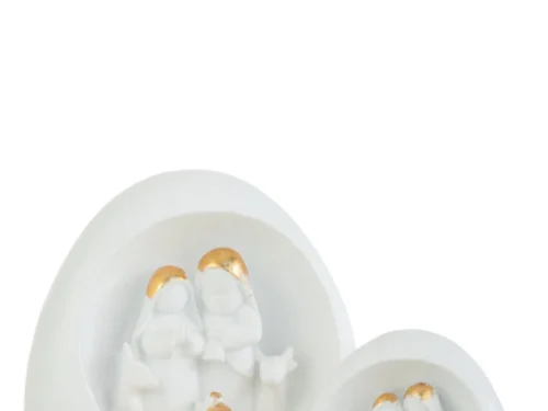 Kerststal Grarria steen meerkleurig met witte ovaalvorm, gouden details en compacte kerstfiguren