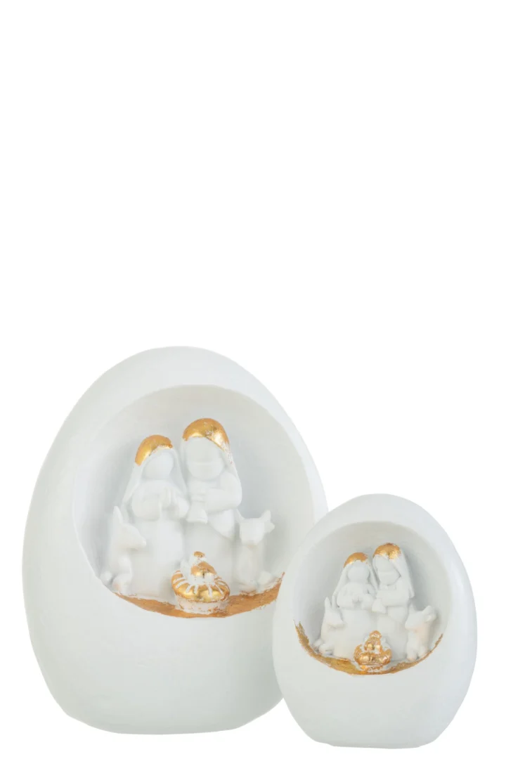 Kerststal Grarria steen meerkleurig met witte ovaalvorm, gouden details en compacte kerstfiguren