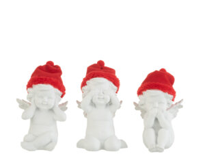 Diellaro decoratiefiguren set van 3 engeltjes in wit met rode mutsen, elk met ander gebaar, H16 cm