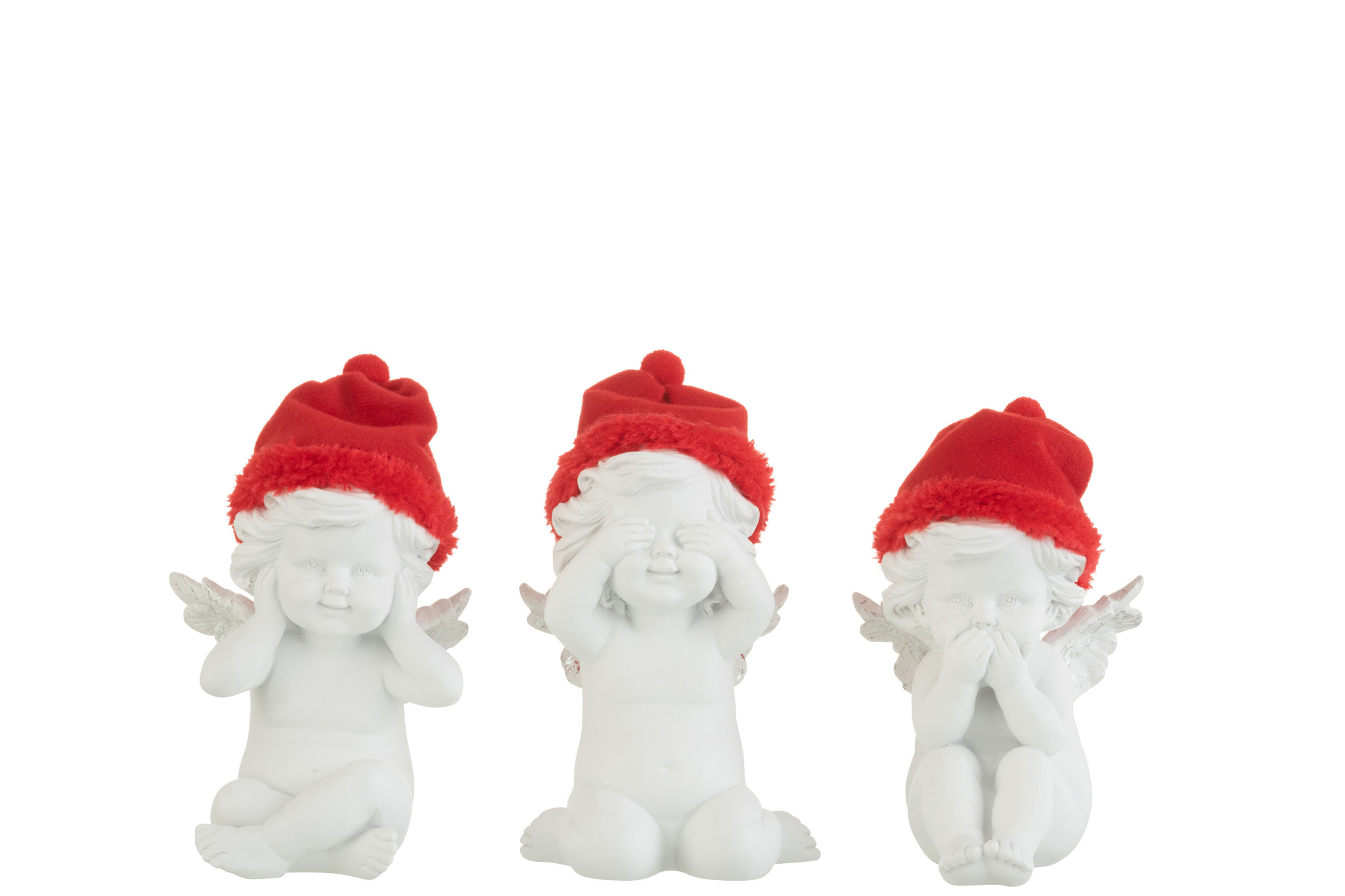 Diellaro decoratiefiguren set van 3 engeltjes in wit met rode mutsen, elk met ander gebaar, H16 cm