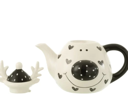Theepot Klerdine dolomiet meerkleurig met hartjesprint, zwart handvat en losse decoratieve dop