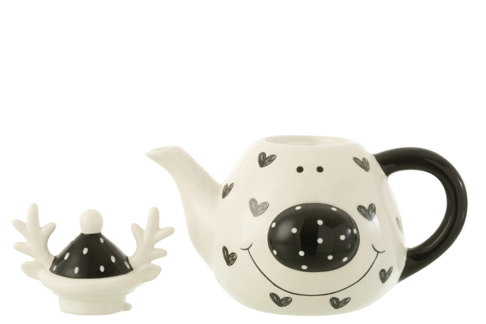 Theepot Klerdine dolomiet meerkleurig met hartjesprint, zwart handvat en losse decoratieve dop