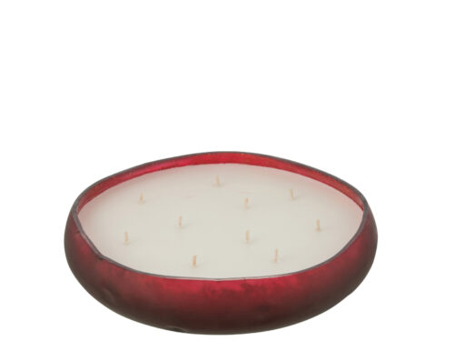 Geurkaars Graurra glas rood met witte was en meerdere lonten, decoratieve ronde sfeermaker