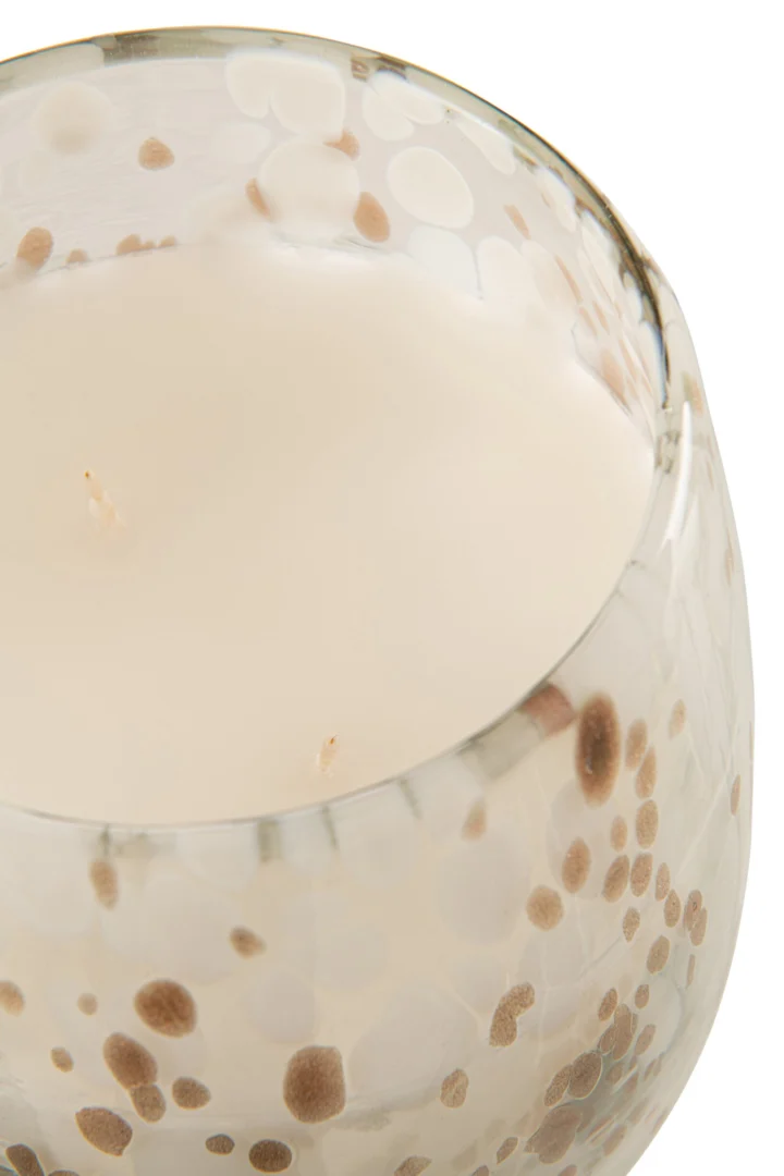 Geurkaars Ninsun in meerkleurig glas met beige was en speelse goudkleurige stippen