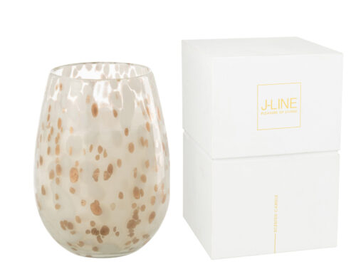 Geurkaars Foorun in meerkleurig glas met gouden spikkels, naast witte J-LINE cadeauverpakking