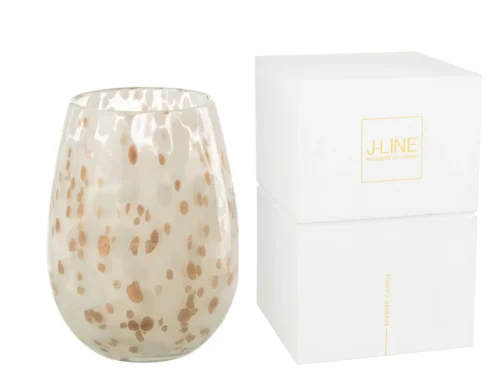 Geurkaars Foorun in meerkleurig glas met gouden spikkels, naast witte J-LINE cadeauverpakking