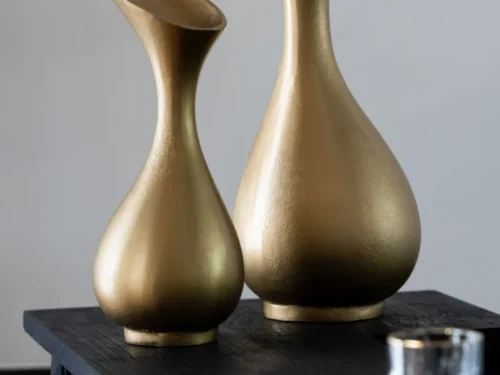 Vaas Zassonte aluminium goud, slanke vorm met hoge hals, stijlvol op dressoir