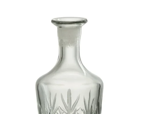 Transparante Faulero glazen fles met geslepen patroon en losse stop, elegante woonaccessoire van 100% glas