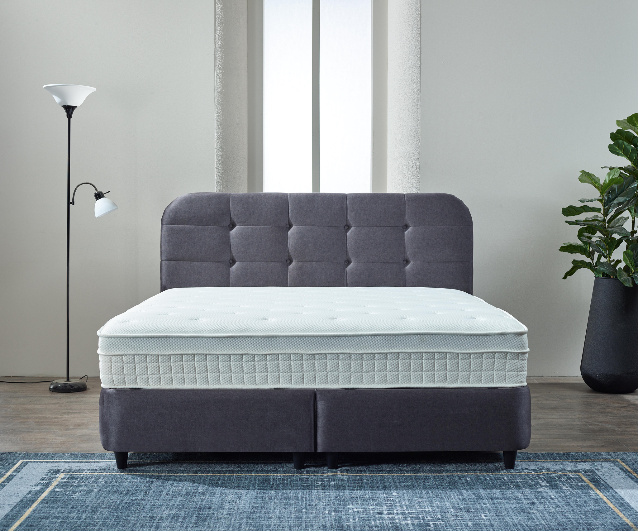 Boxspring Slunnes Antraciet 160x200 met fluwelen hoofdbord en opbergvak, in moderne slaapkameropstelling
