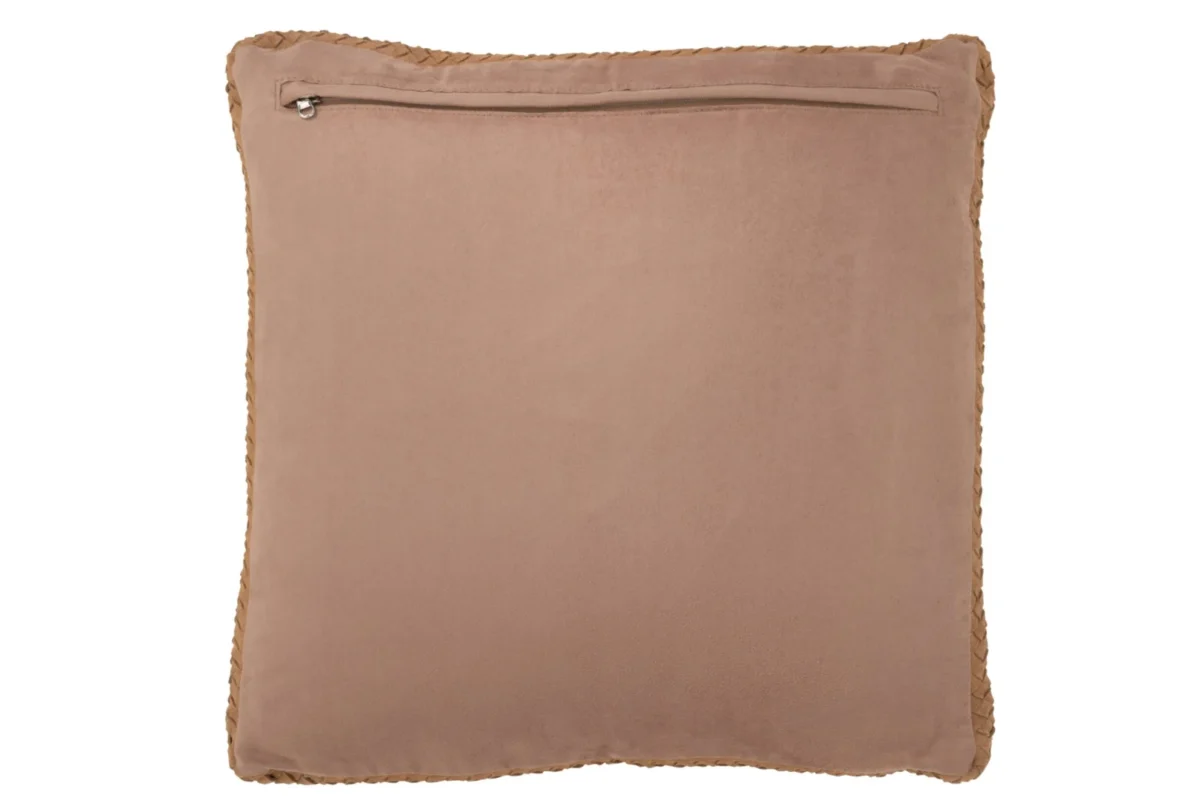 Kussen Marnea bruin 45x45 cm, gevlochten leren afwerking met ritssluiting en stevige vulling