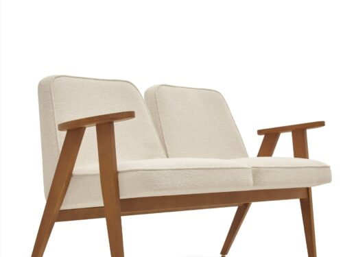 Bank Menol Bouclé Crème tweezitsbank met houten frame en zachte crème bouclé bekleding, compact en stijlvol