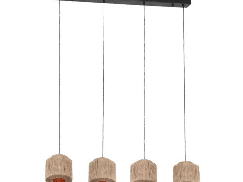 Hanglamp Pandello Mat Zwart, set van 3 met jute kappen en vier pendels in strakke, natuurlijke stijl