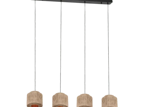 Hanglamp Pandello Mat Zwart, set van 3 met jute kappen en vier pendels in strakke, natuurlijke stijl