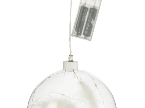 Decoratiebal Nils glas wit met LED en zachte winterse glans, hangend met batterijhouder