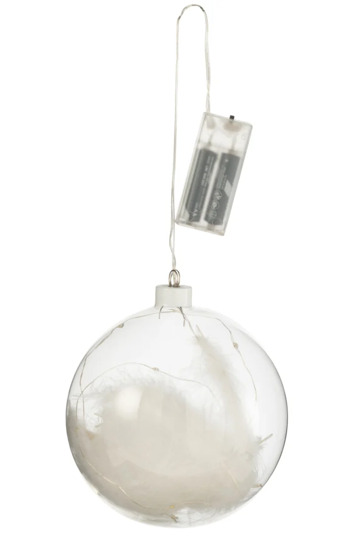 Decoratiebal Nils glas wit met LED en zachte winterse glans, hangend met batterijhouder