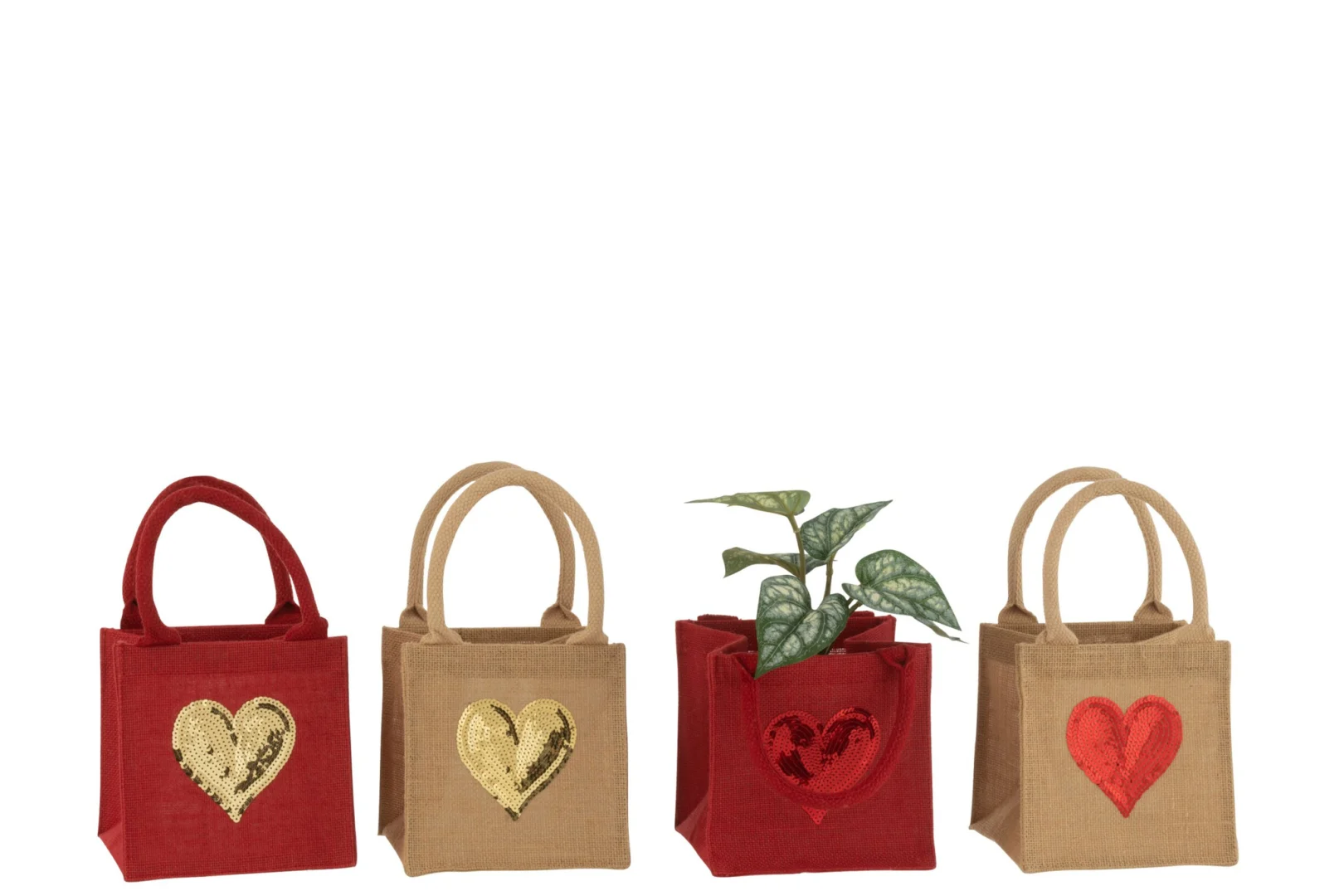 Decoratie Klummella jute tasjes met hartpailletten, meerkleurige set van 4 in rood en naturel