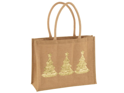 Kleerdano jute kersttas met drie pailletten kerstbomen, naturel beige en meerkleurig, set van 3, H33 cm