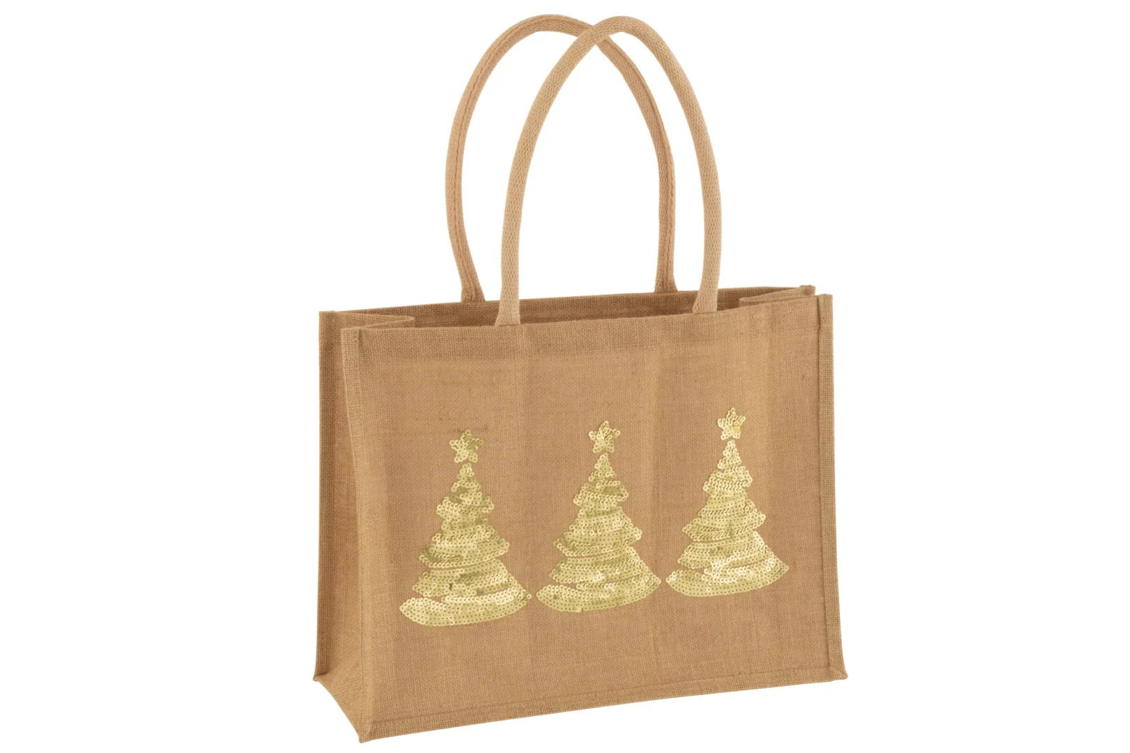 Kleerdano jute kersttas met drie pailletten kerstbomen, naturel beige en meerkleurig, set van 3, H33 cm