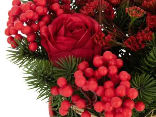 Kunstbloem Dimmona rood met rozen, bessen en groen in pot met cementlook