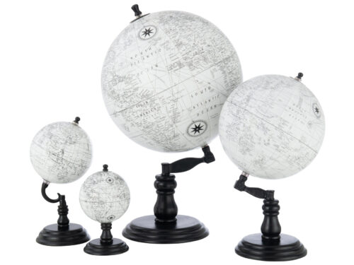 Wereldbol Hiesaro kunststof grijs op zwarte houten standaard, stijlvolle decoratieve wereldkaart globe