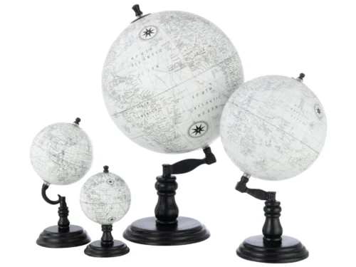 Wereldbol Hiesaro kunststof grijs op zwarte houten standaard, stijlvolle decoratieve wereldkaart globe