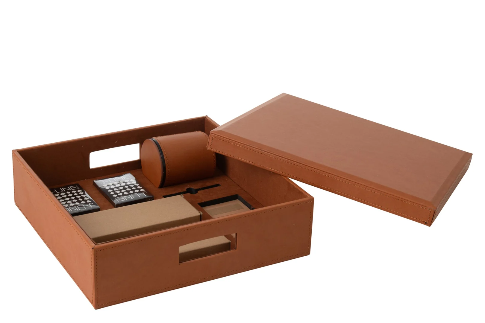 Opbergdoos Greildy MDF bruin met deksel, vakken en inzet voor kaart- en schaakspellen