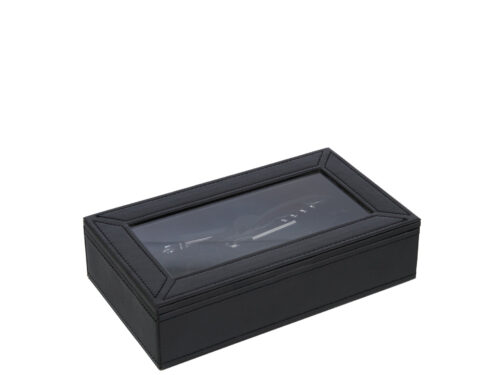 Stitek opbergdoos van zwart MDF met kunstleer en glazen venster, compact voor 6 wijnaccessoires