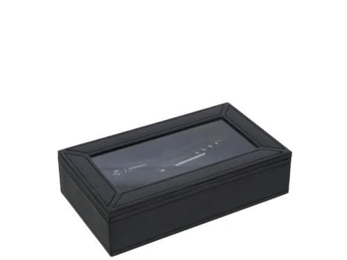 Stitek opbergdoos van zwart MDF met kunstleer en glazen venster, compact voor 6 wijnaccessoires
