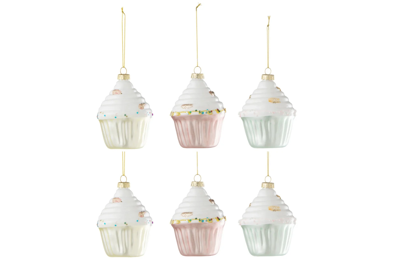 Meerkleurige glazen opbergdoos in cupcakevorm, compact woonaccessoire met goudkleurig ophangkoord