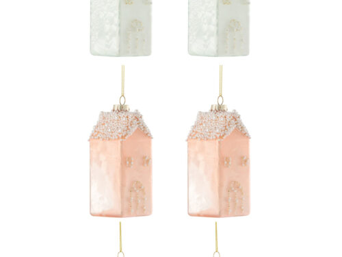 Opbergdoos Deiltane glas meerkleurig, set van 6 huisvormige hangornamenten met pareldetail