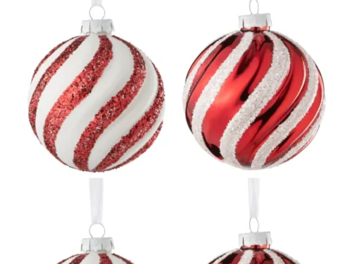 Opbergdoos Risum Glas Rood met witte glitterlijnen, vier kerstballen in warme rode en witte winterstijl