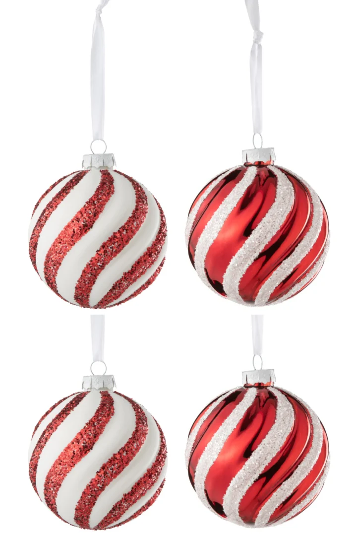 Opbergdoos Risum Glas Rood met witte glitterlijnen, vier kerstballen in warme rode en witte winterstijl