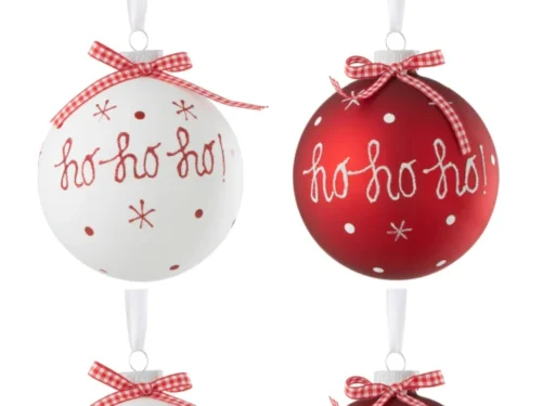 Staarello opbergdoos met 4 glazen kerstballen rood en wit, met hoho-tekst, sneeuwvlokken en strikken