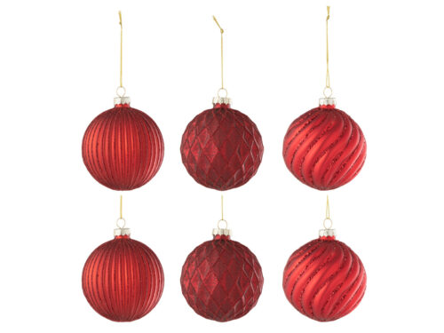Haussik Opbergdoos glas rood, set van 6 kerstballen met ribbel-, ruit- en effen afwerking