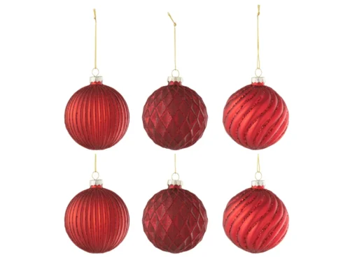 Haussik Opbergdoos glas rood, set van 6 kerstballen met ribbel-, ruit- en effen afwerking