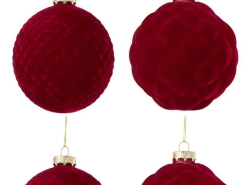 Opbergdoos Praassund Glas Rood: set van 4 rode glazen kerstballen met fluweel en glans, goudkleurige ophanglus