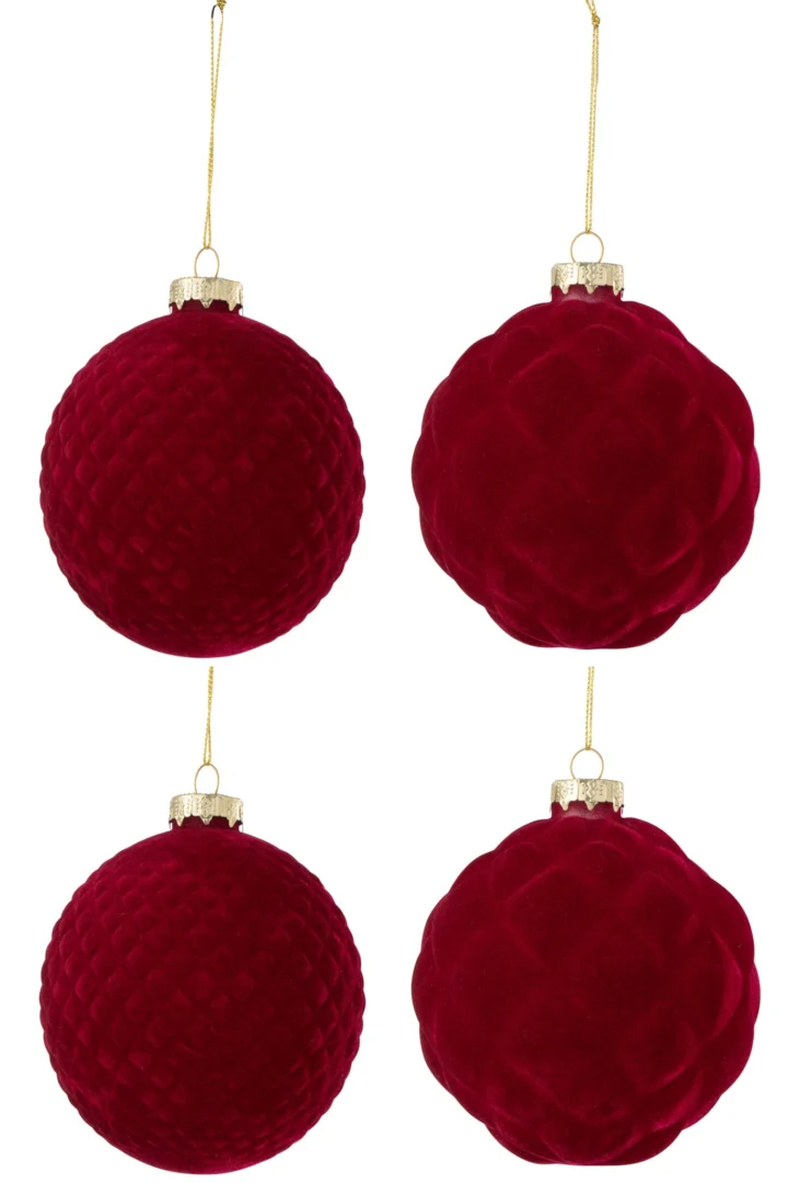 Opbergdoos Praassund Glas Rood: set van 4 rode glazen kerstballen met fluweel en glans, goudkleurige ophanglus