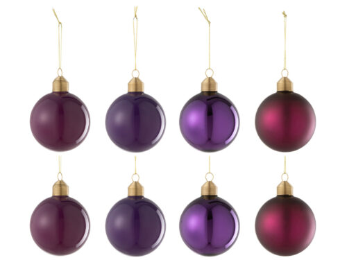 Opbergdoos Kaaso van paars glas met glanzende kerstbalvorm en goudkleurig ophangoog