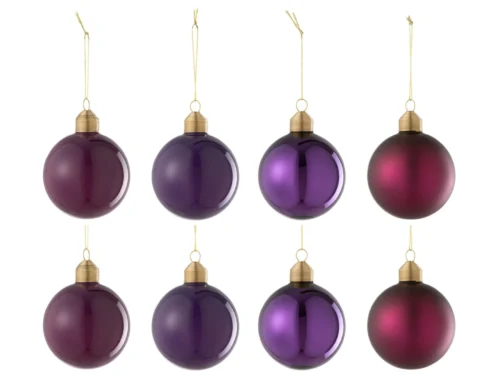 Opbergdoos Kaaso van paars glas met glanzende kerstbalvorm en goudkleurig ophangoog