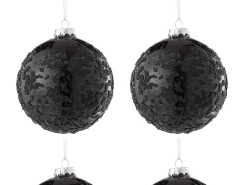 Kolvura opbergdoos met 4 zwarte glazen kerstballen, 11 cm, parelglas met ophanglint