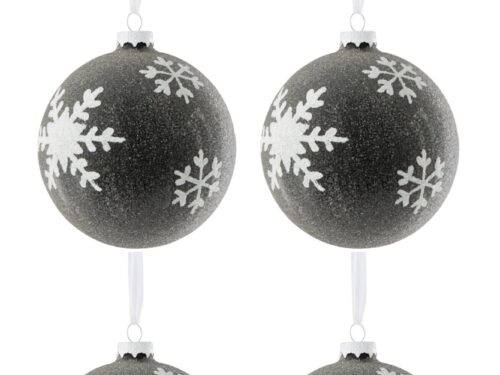 Zwarte glazen kerstballen met witte sneeuwvlokken, set van 4, voor een stijlvolle boomdecoratie