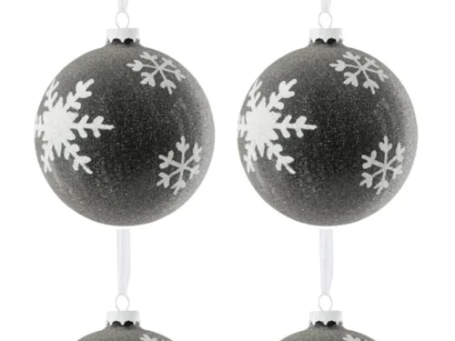 Zwarte glazen kerstballen met witte sneeuwvlokken, set van 4, voor een stijlvolle boomdecoratie