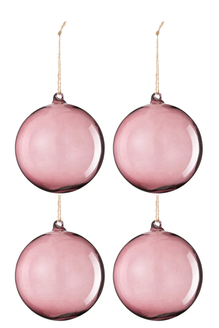 Opbergdoos Teerrine glas paars, set van 4 ronde hangdecoraties met touw en zachte mauve glans
