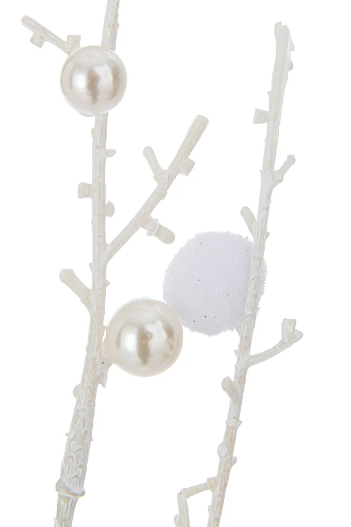 Witte kunsttak Munnol van polyester met pompons en parels voor een winterse decoratie