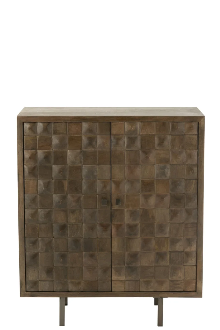 Kast Pino Grauvand Bruin 89 cm met mangohout, ijzeren poten en grafisch blokpatroon