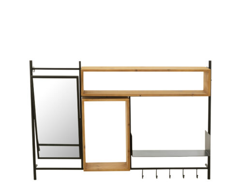 Kapstok Puntes Hout 130 cm met spiegel, zwart ijzer en vurenhout, slank wandmodel voor hal