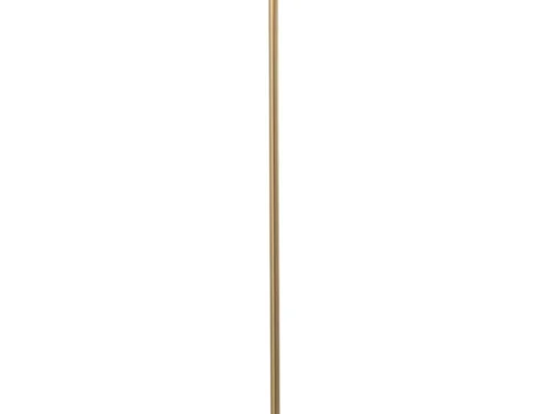 Lamp Slaaly Goud: slanke LED-vloerlamp van goudkleurig metaal en glas met ronde voet en snoerschakelaar