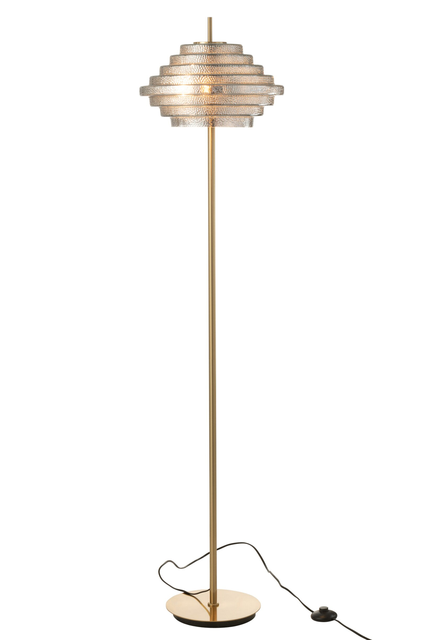 Lamp Slaaly Goud: slanke LED-vloerlamp van goudkleurig metaal en glas met ronde voet en snoerschakelaar